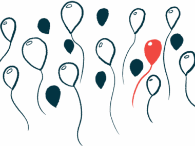 An illustration shows a red balloon among black and white ones.
