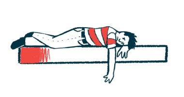 The illustration depicts a person lying down with their eyes open on what appears to be a bed, their arm hanging over the side.