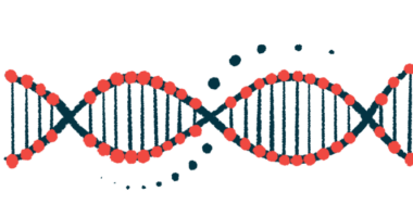 An illustration of a strand of DNA highlights its double helix structure.