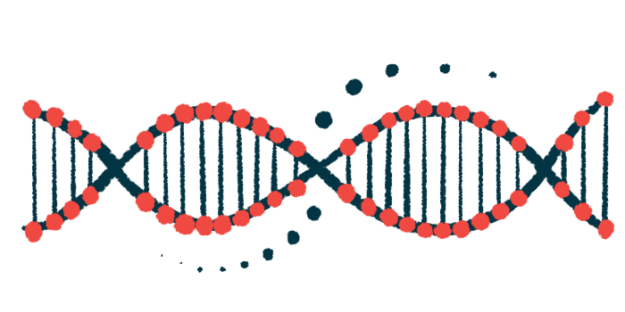 An illustration of a strand of DNA highlights its double helix structure.