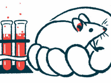 A mouse is held in someone's hand, with vials of blood next to it.