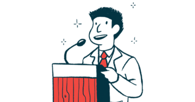 An illustration of a person speaking at a podium.