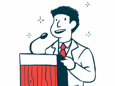 An illustration of a person speaking at a podium.