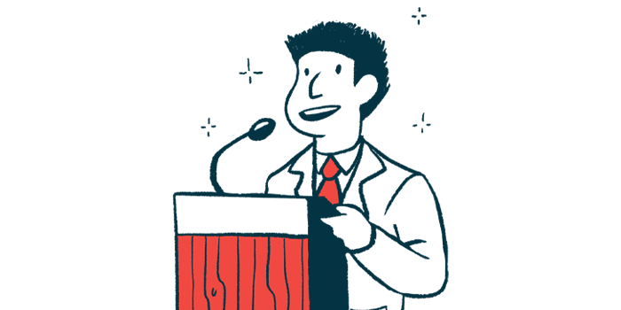 An illustration of a person speaking at a podium.