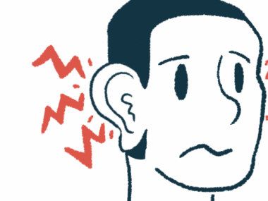 Illustration of a person's head with waves emanating from his ears, to convey hearing damage.