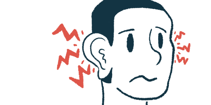 Illustration of a person's head with waves emanating from his ears, to convey hearing damage.