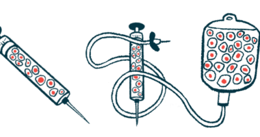 A stem cell therapy illustration features two injection syringes and an intravenous treatment bag and tubing.