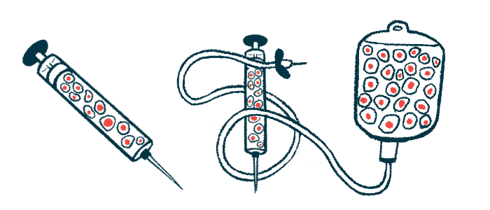 A stem cell therapy illustration features two injection syringes and an intravenous treatment bag and tubing.