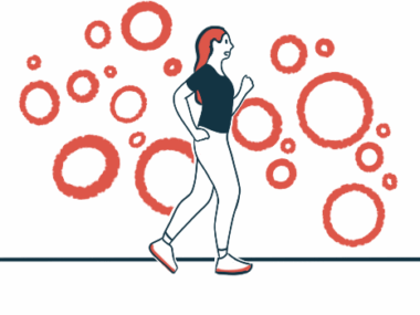 Illustration of a woman walking, with red circles in the background.