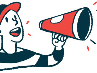 A person wearing a baseball cap speaks into a cone-shaped megaphone.