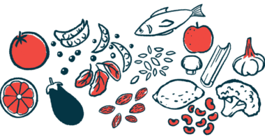 Illustration of various healthy foods, including fish, seeds, nuts, beans, and fruit, representing nutrition and healthy eating
