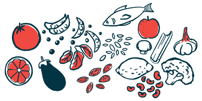 Illustration of various healthy foods, including fish, seeds, nuts, beans, and fruit, representing nutrition and healthy eating