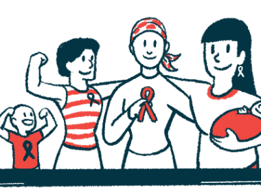 A child and two adults, one holding an infant, surround a person wearing a headscarf and holding up a red awareness ribbon.