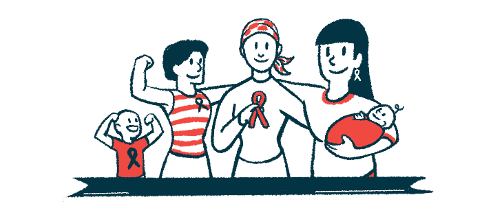 A child and two adults, one holding an infant, surround a person wearing a headscarf and holding up a red awareness ribbon.